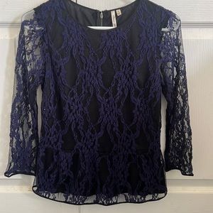Navy embroidery on black mesh top